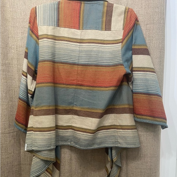 Wool rich Pemberton Striped Cardigan in Red, Blue, and Tan - Picture 6 of 6